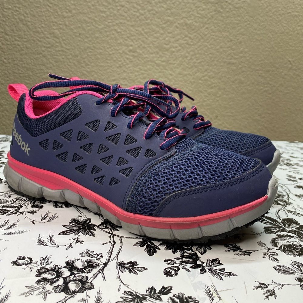 ^ Reebok 8.5 W Women's Navy/Pink Sublite Cushion Work MaxTRAX® Soft Toe Athletic